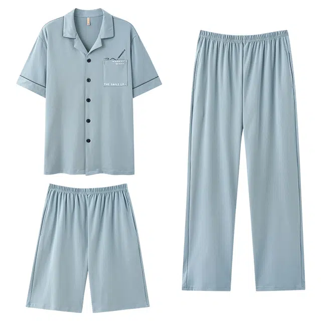 夏芬妍 简约舒适纯色纯棉翻领家居服亲肤宽松休闲短袖短裤长裤三件套时尚可外穿睡衣套装 男款 青蓝色