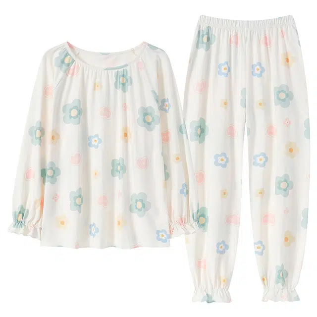 草本初色 带胸垫可爱甜美休闲长袖长裤家居服睡衣套装 女款 组合装