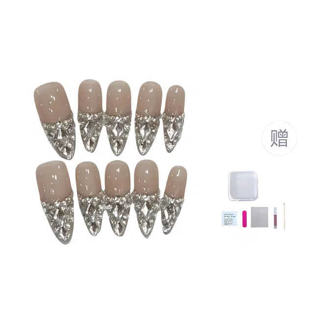 几多萌 穿戴甲手工 高级感水晶钻裙摆 甲片可拆卸 闪亮优雅  杏仁碎钻纯色