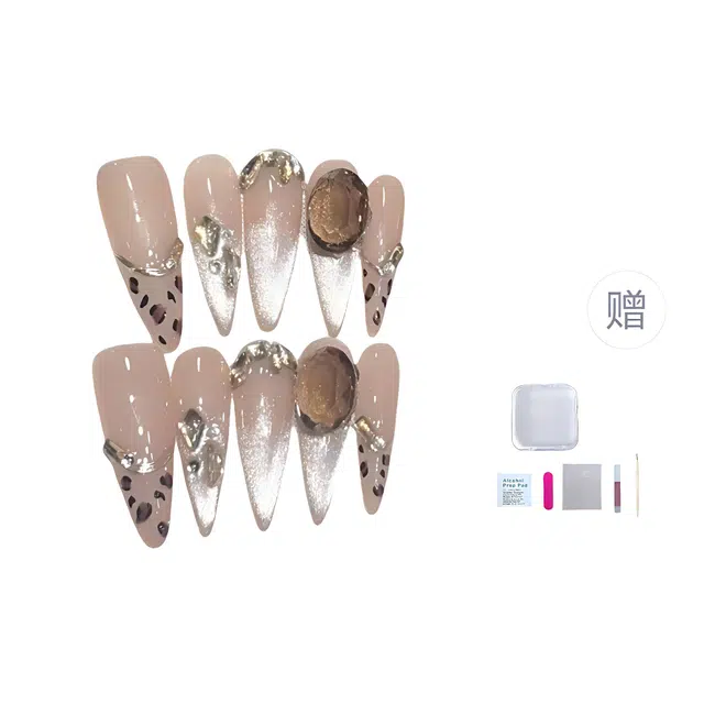 几多萌 涉谷小野猫穿戴甲手作高级氛围感 猫眼法式水晶钻美甲 透色辣妹  尖型长款豹纹纯色