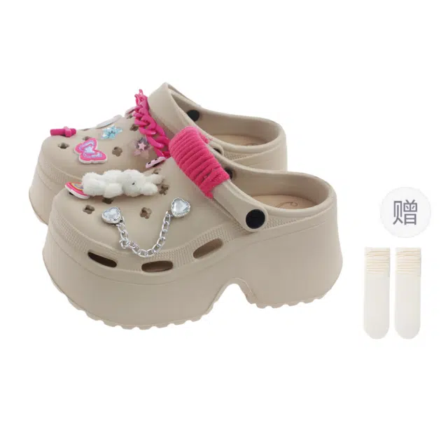 小鹿米利 甜美爱心松糕厚底增高外穿 防磨包头拖鞋 女