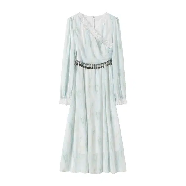 古莲菲 度假风海边茶歇法式温柔风收腰显瘦超仙女神范碎花气质连衣裙配腰链长袖连衣裙 女款 图色