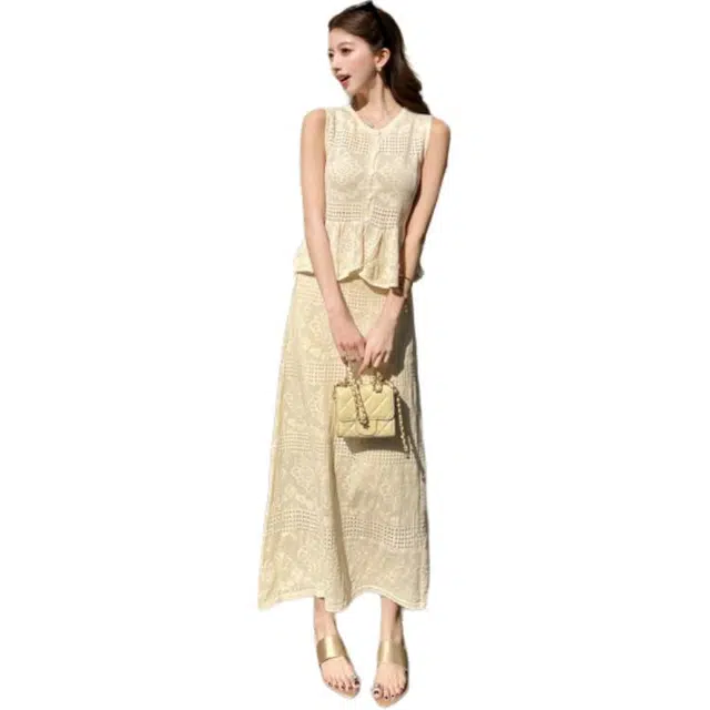 小菊川栗 夏季法式度假风温柔镂空针织背心无袖上衣半身裙女两件套无袖裙装套装 女款