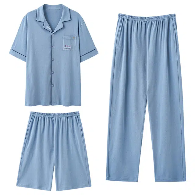 夏芬妍 简约舒适纯色纯棉翻领家居服亲肤宽松休闲短袖短裤长裤三件套时尚可外穿睡衣套装 男款 蓝色