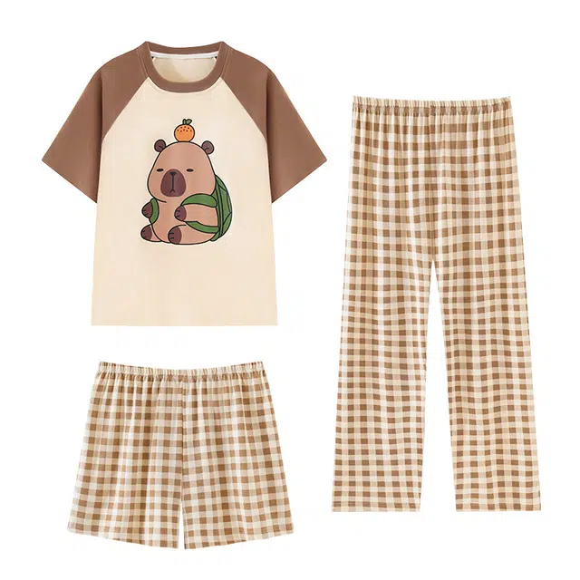 欧诗帛 卡皮巴拉印花带胸垫圆领上衣格子透气裤子睡衣套装 女款 卡其色