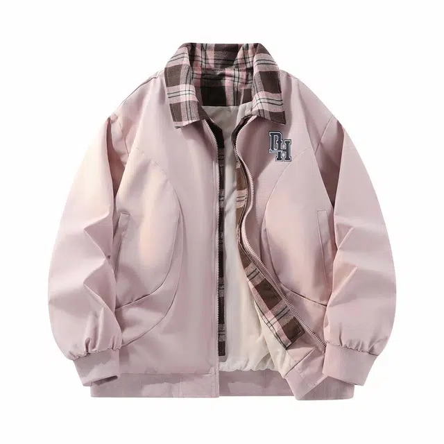 敦煌博物馆 美式复古字母刺绣撞色拼接翻领格子纹防风休闲舒适宽松百搭假两件简约夹克外套 男女同款