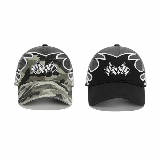 优莲茵 美式高街潮牌加深火焰方格旗街头百搭迷彩嘻哈 棉 鸭舌帽 男女同款情侣款