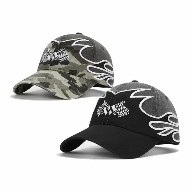 优莲茵 美式高街潮牌加深火焰方格旗街头百搭迷彩嘻哈 棉 鸭舌帽 男女同款情侣款