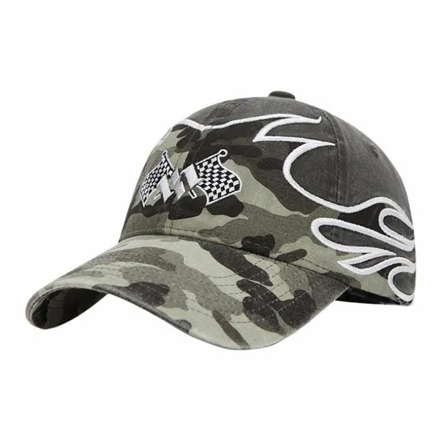 优莲茵 美式高街潮牌加深火焰方格旗街头百搭迷彩嘻哈 棉 鸭舌帽 男女同款情侣款