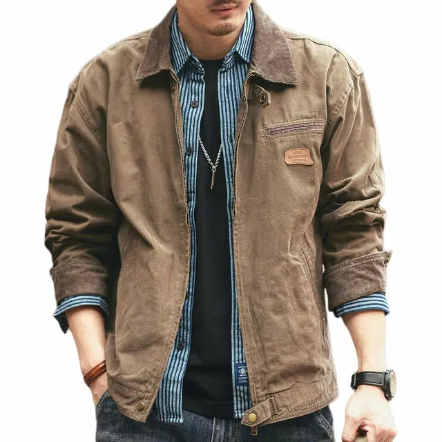 格蓝鹿 春季 重磅工装复古高街纯棉休闲百搭纯色春秋夹克 宽松型 男女同款