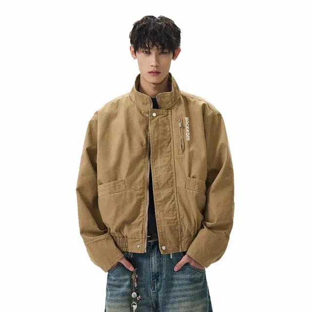 大卫贝肯 美式复古简约短款显高立领品牌字母印花宽松休闲百搭痞帅风夹克外套 男女同款