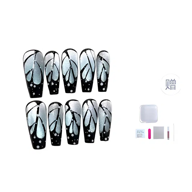 几多萌 【蝉翼】手工穿戴甲 高级感手绘 时尚个性创意  梯型长款黑晕染 猫眼