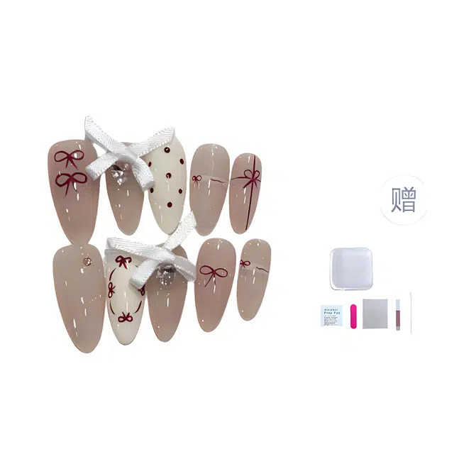 几多萌 丝带蝴蝶结手绘手工穿戴甲 可爱波点甲片拆卸  杏仁粉色裸色 纯欲