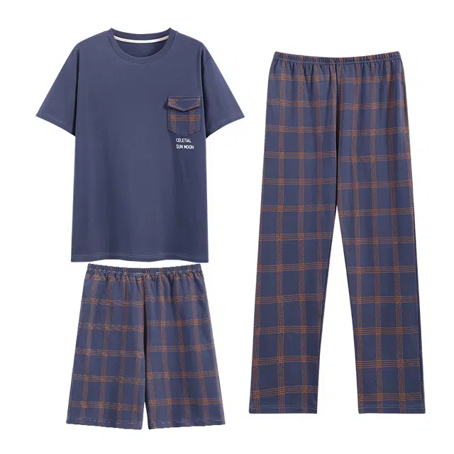 莫代尔 舒适圆领短袖上衣休闲简约透气短裤可外穿家居服长裤睡衣套装 男款 深蓝色