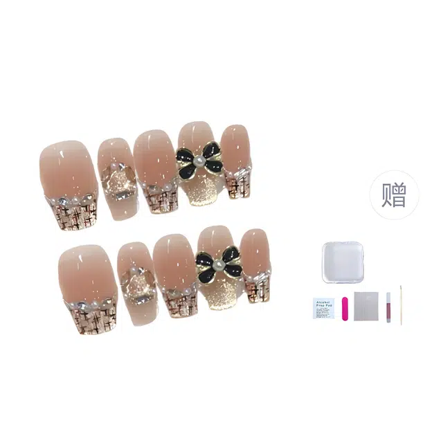 几多萌  小香风  穿戴甲手工温柔小香风美甲鎏金猫眼法式碎钻甲片  中梯短梯裸色腮红晕染 纯欲