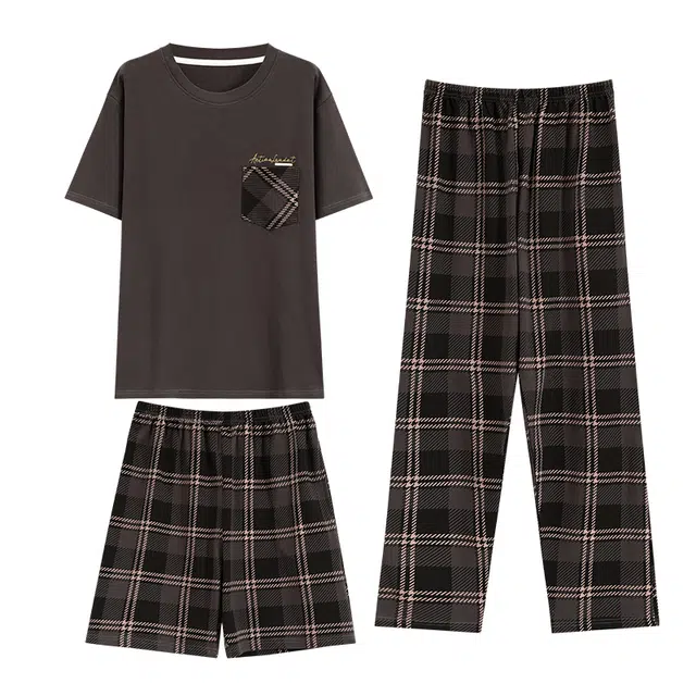 莫代尔 舒适透气百搭圆领套头上衣格子裤子睡衣套装 男款 棕色
