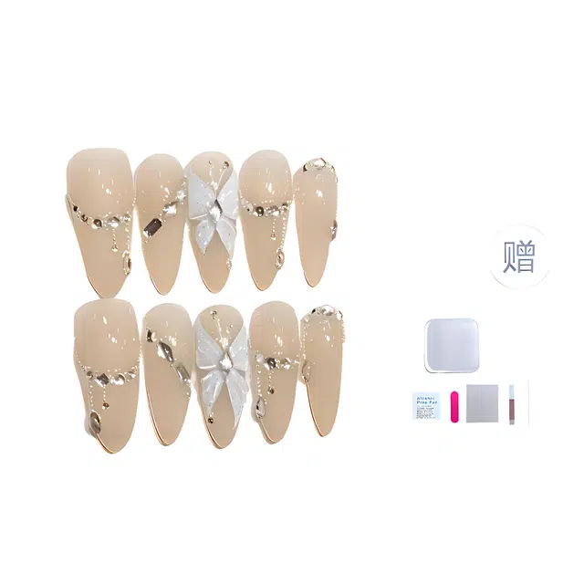 几多萌 手工穿戴甲 高级氛围感闪钻手绘蝴蝶美甲 优雅闪亮  杏仁黄色裸色 纯欲