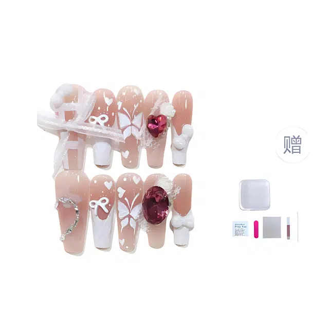 几多萌 【幻梦】穿戴甲手工高级感 法式蝴蝶美甲 精致重工奢华优雅时尚 梦幻  梯型长款裸色腮红晕染 纯欲