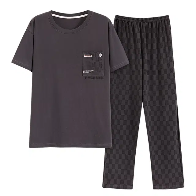 莫代尔 韩版时尚柔软圆领耐磨亲肤透气无束缚短袖长裤可外穿家居服睡衣套装 男款 深灰色