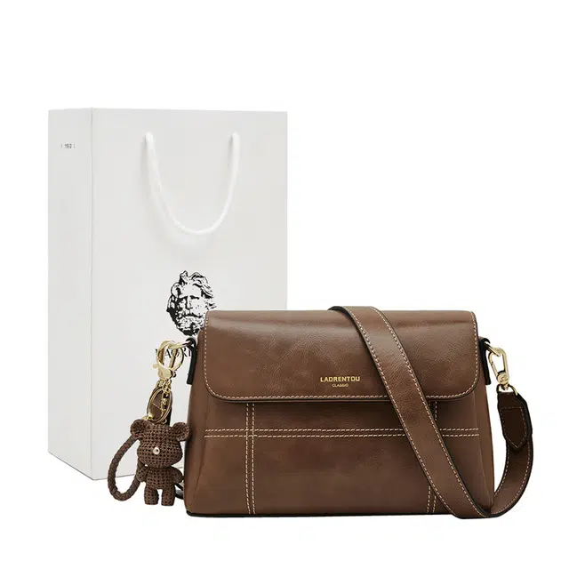 老人头 休闲百搭 牛皮拼合成革 斜挎包 女款 焦糖色