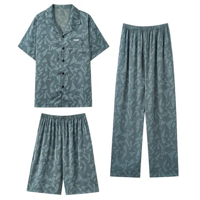 莫代尔 舒适百搭翻领短袖上衣柔软亲肤短裤可外穿家居服长裤睡衣套装 男款 暗青色