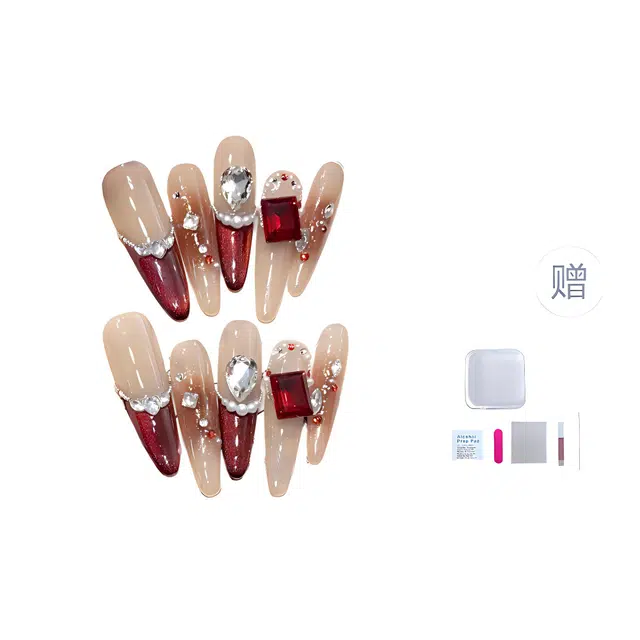 几多萌 【微醺猫眼】穿戴甲高级感 猫眼法式水晶钻猫眼闪亮可拆卸  杏仁长款红色腮红晕染 爆闪