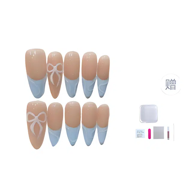 几多萌 【芭蕾舞者】 手工美甲穿戴甲高级感多巴胺法式手绘蝴蝶结假指甲贴片可拆卸  杏仁蓝色裸色 法式