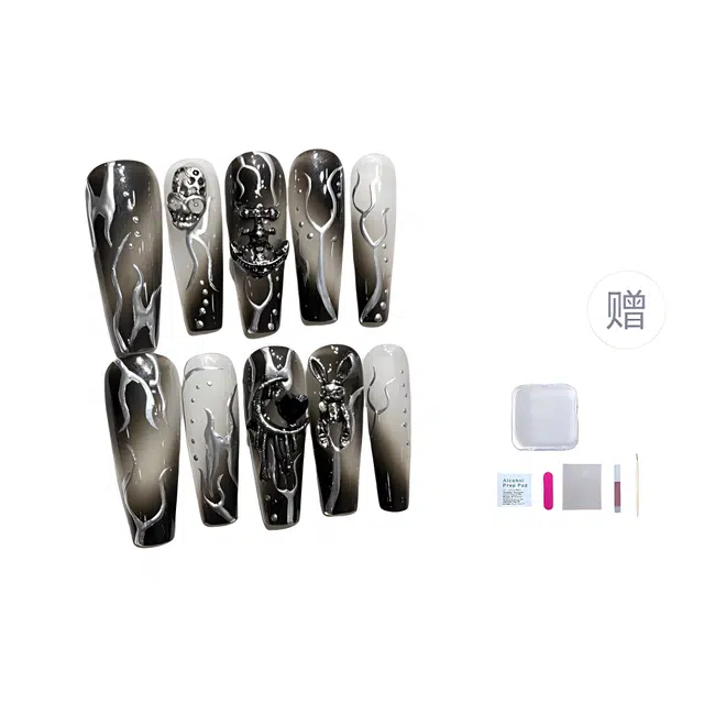 几多萌 手工光疗穿戴甲 手绘魔镜火焰黑暗物语甜酷美甲 炫酷个性时尚  梯型长款黑色跳色 法式