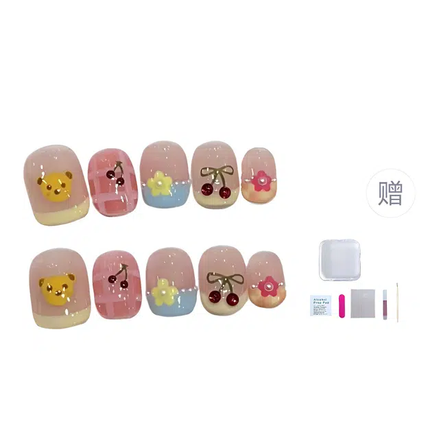 几多萌 【樱桃小熊】手工可拆卸  穿戴甲 短方圆透色裸色 卡通 可拆卸甲片