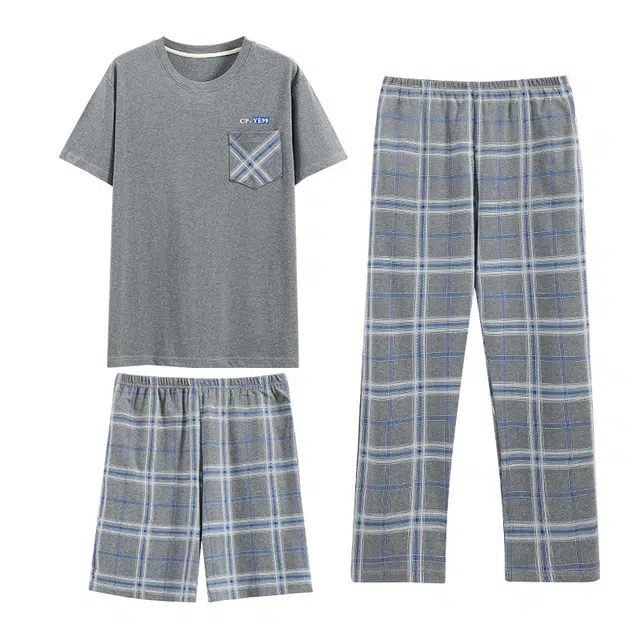 莫代尔 韩版舒适亲肤百搭圆领套头气质时尚柔软细腻无束缚短袖短裤长裤可外穿家居服睡衣套装 男款 灰色