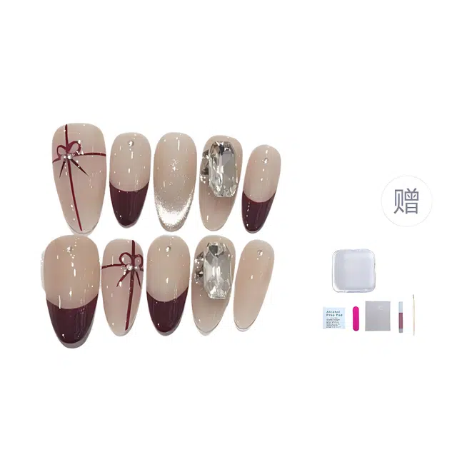 几多萌 手工  穿戴甲 椭圆酒红裸色 猫眼 爆闪钻显白气质款