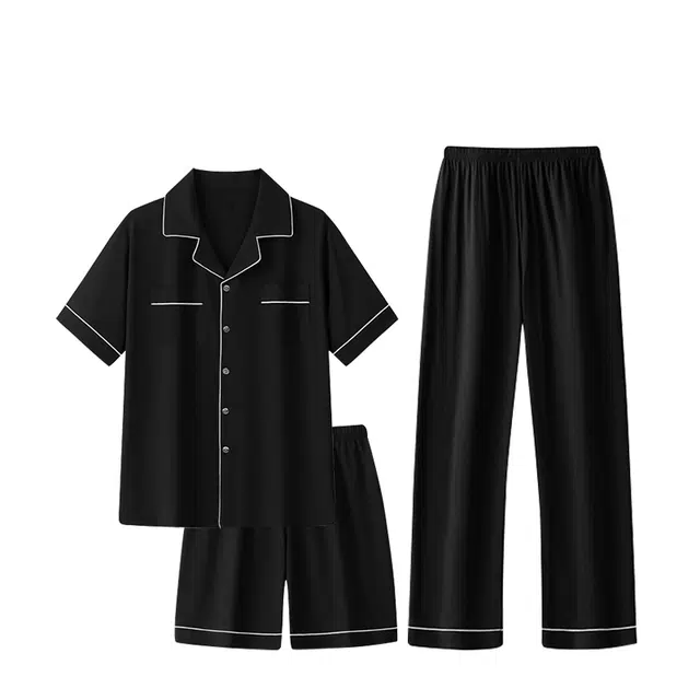 俏韵 休闲舒适纯色短袖短裤翻领外穿睡衣套装 男款 黑色