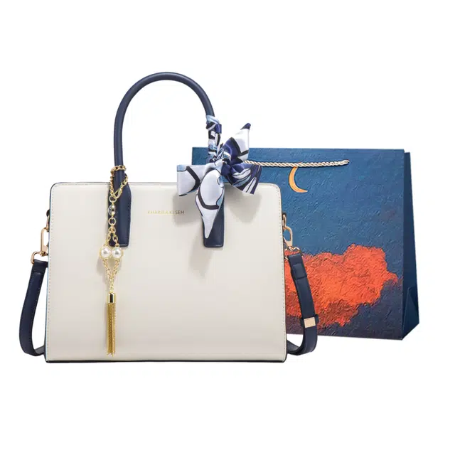 爱尔绅特 新中式国风刺绣 人造革 手提包 常规 女款 白配蓝