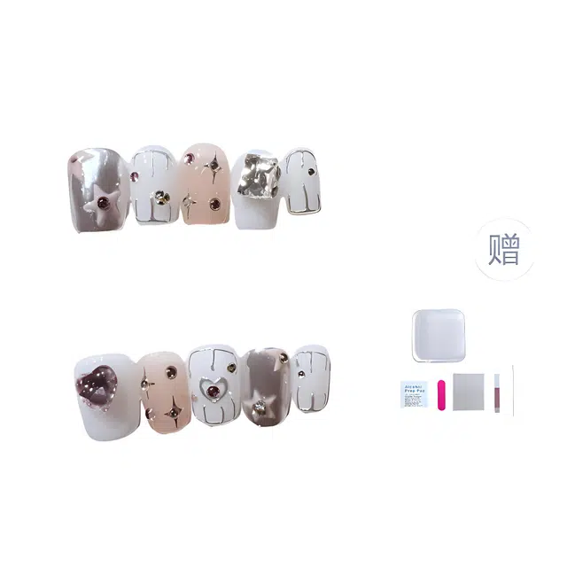 几多萌 手工美甲穿戴甲美甲 爆闪钻镂空魔镜粉爱心可拆卸 时尚个性创意  短梯短短梯银色渐变 细闪