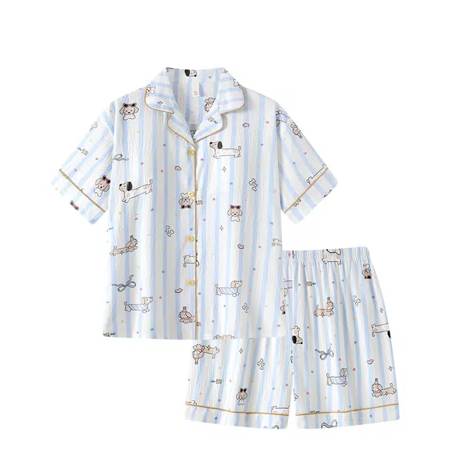 俞兆林 日系卡通带胸垫可爱短袖三分裤睡衣套装 女款 蓝色