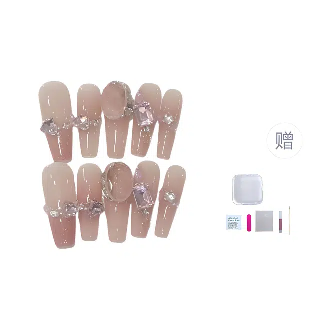 几多萌 纯手工穿戴甲高级气质假指甲贴片爱心粉钻美甲贴  梯型长款裸色腮红晕染 渐变