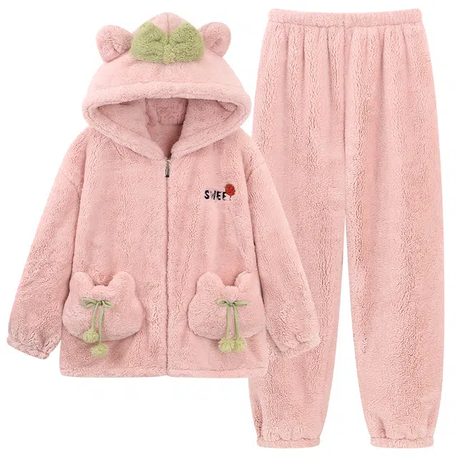 俏韵 甜美连帽保暖长袖长裤家居服可外穿睡衣套装 女款 粉色