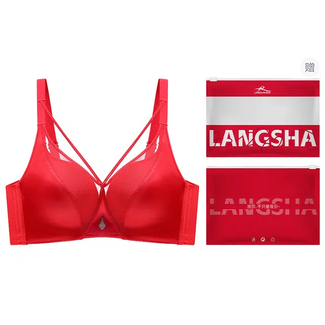 浪莎 缎面高品质软糯亲肤面料胸前交叉条设计一片式无痕柔软透气无钢圈聚拢文胸法式无痕丝滑绸缎面拼接柔软网纱内衣裤套装 女款