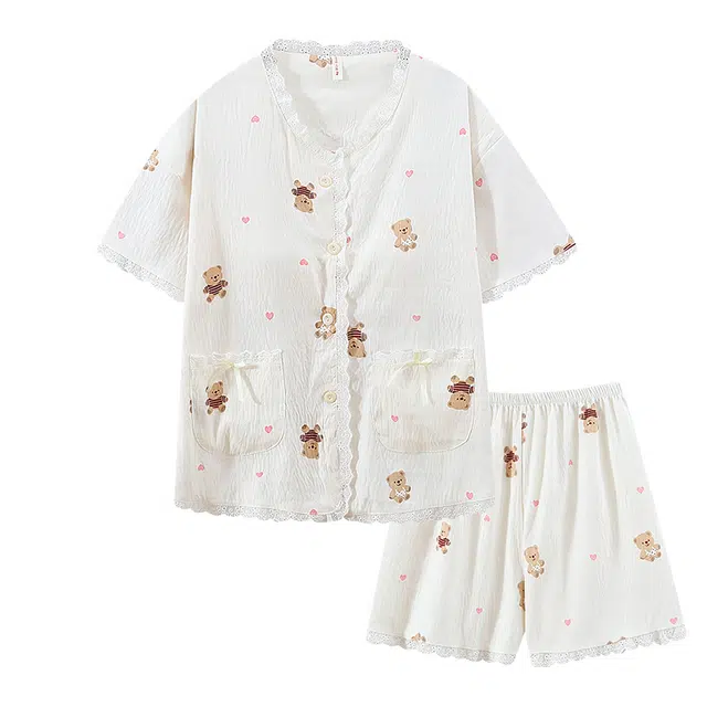 俞兆林 小熊卡通带胸垫花边圆领柔软舒适云朵棉短袖三分裤可爱家居服睡衣套装 女款 白色