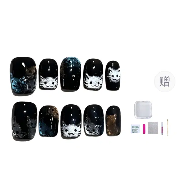 几多萌 可爱猫咪手绘  穿戴甲 短短梯黑色晕染 猫眼