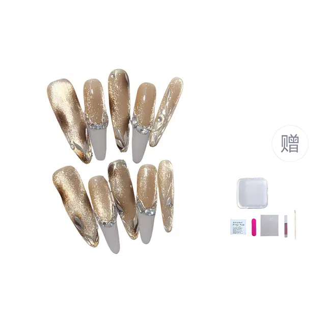 几多萌 玳瑁豹纹高级氛围感穿戴甲 琥珀豹纹猫眼锆石碎钻美甲  椭圆长款金色晕染 细闪