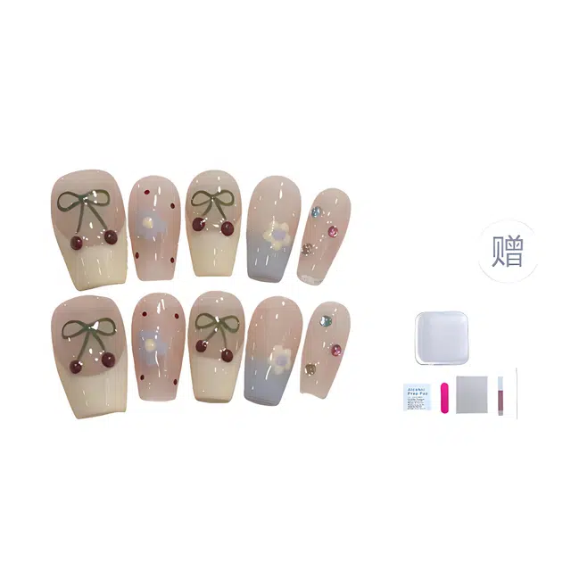 几多萌 夏日元气手绘樱桃  穿戴甲 短梯透色裸色 可爱