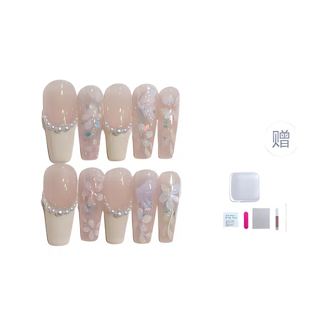 几多萌 【春天】穿戴甲纯手工高级氛围感冰透法式珍珠手绘款  梯型长款白色裸色 可爱