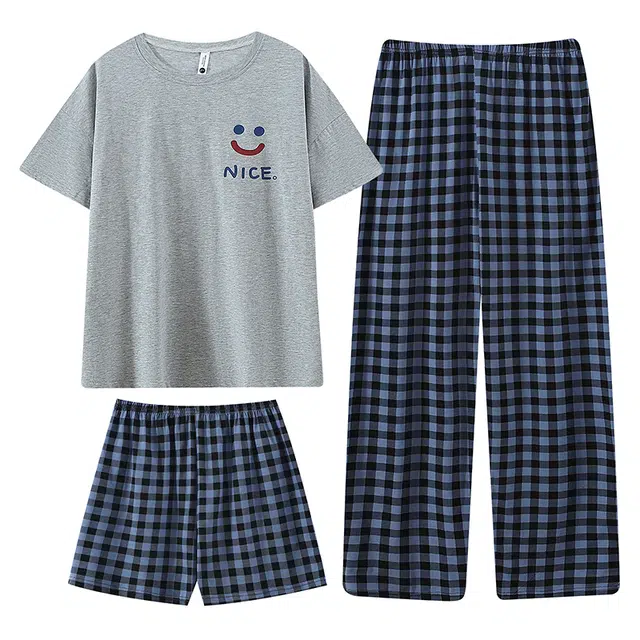 俞兆林 简约笑脸卡通圆领柔软舒适短袖长裤透气家居服睡衣套装 女款 灰色
