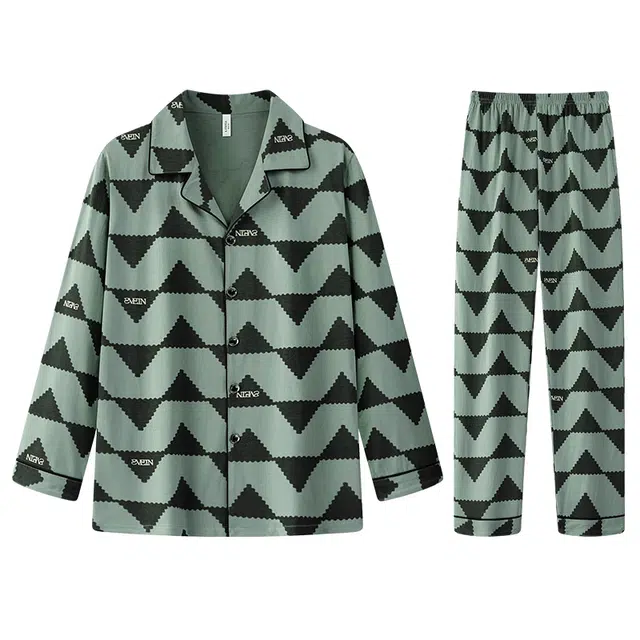 向薇 休闲翻领长袖上衣家居服长裤睡衣套装 男款 图片色