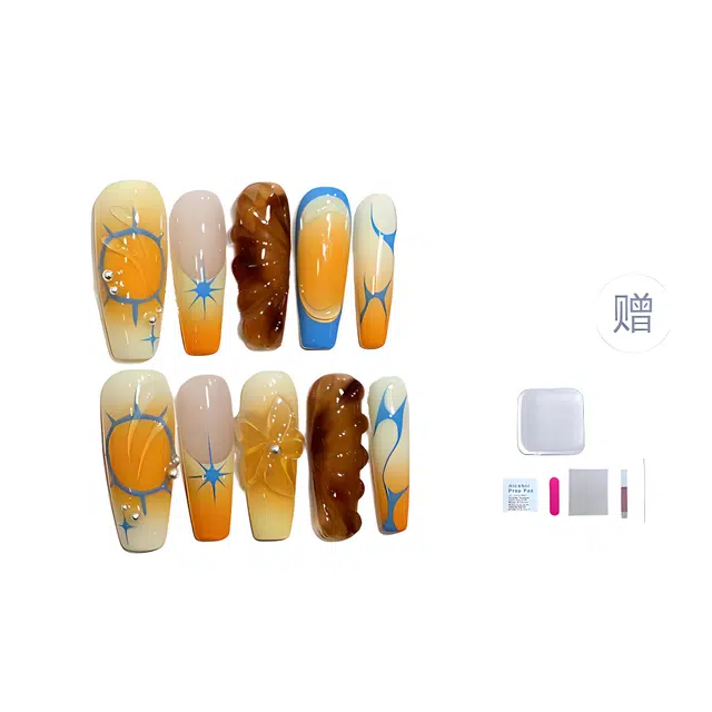 几多萌 个性腮红法式手绘立体花美甲可拆卸穿戴甲  梯型长款多巴胺色跳色 法式