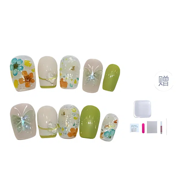 几多萌 绿野仙踪蝴蝶花朵  穿戴甲 短短梯绿色裸色 渐变 清新