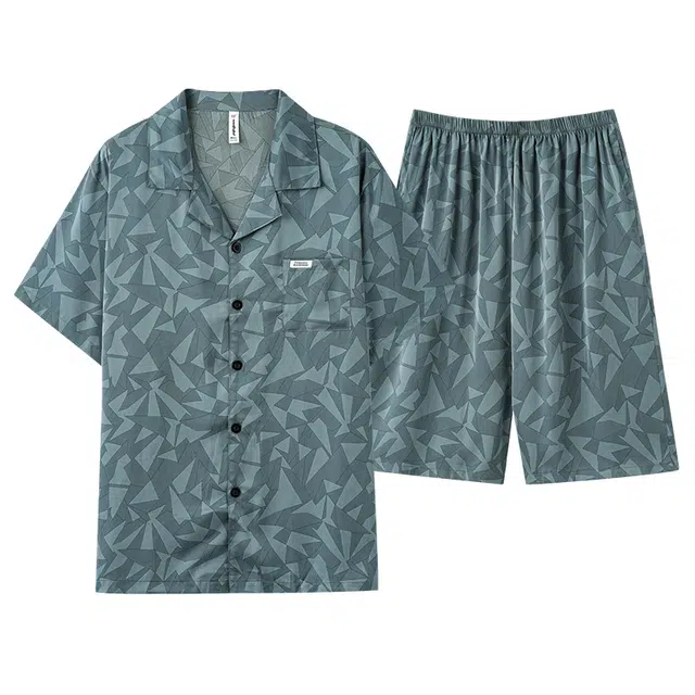 莫代尔 舒适百搭翻领开衫时尚无束缚短袖可外穿家居服睡衣套装 男款 暗青色