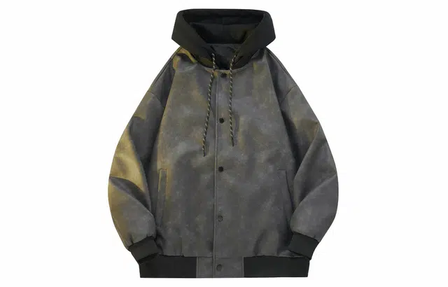 雅鹿 假两件皮质机车风纯色基础款防风工装外套宽松舒适休闲夹克 男女同款 黑色