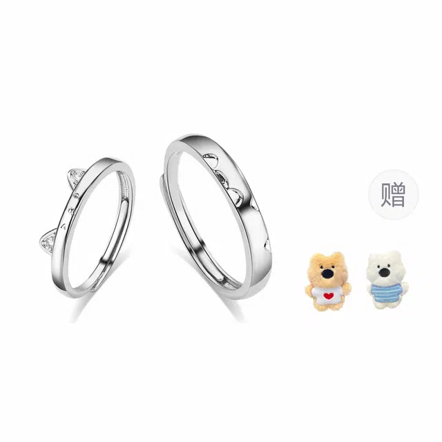 饰伴 猫咪日记对戒 萌趣猫耳生动立体俏皮设计开口可调节素圈一对 甜美可爱闪钻配饰恋爱频率 合金 戒指 男女同款情侣款